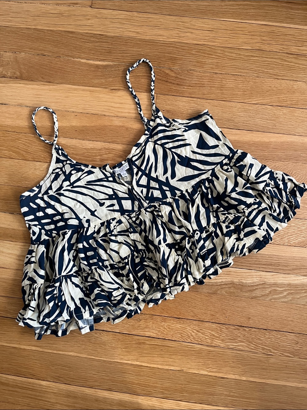 Patrons of Peace Navy and Cream Printed Ruffle Crop Camisole